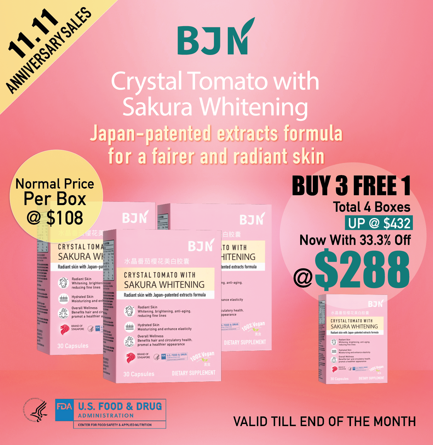 [11.11 promo] Buy 3 Free 1: Crystal Tomato with Sakura Whitening